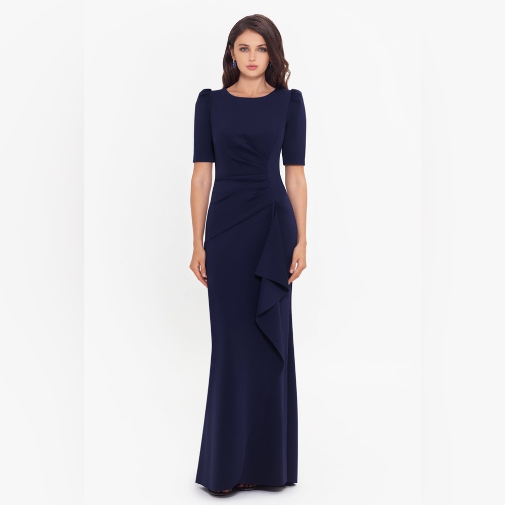 Xscape Elbow Sleeve Stretch Scuba Crepe Knit Navy DEMi side ruched Dress gown 16